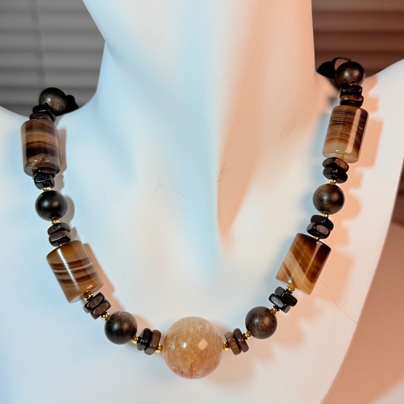 Handmade Jewelry - Natural Agate & Wood Beaded Necklace | Earth Tone Statement | Handmade